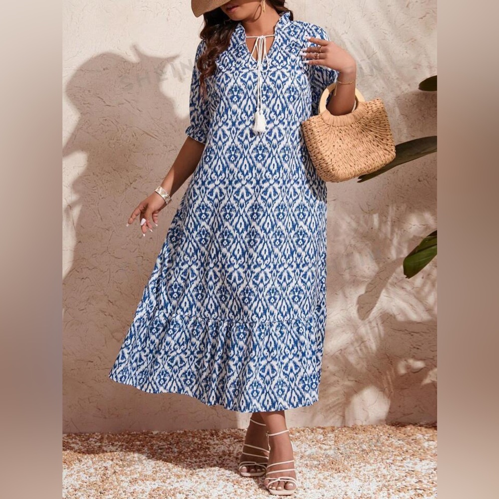 SHEIN VCAY Plus Size Print Tassel V Neckline Dress - Size 4XL